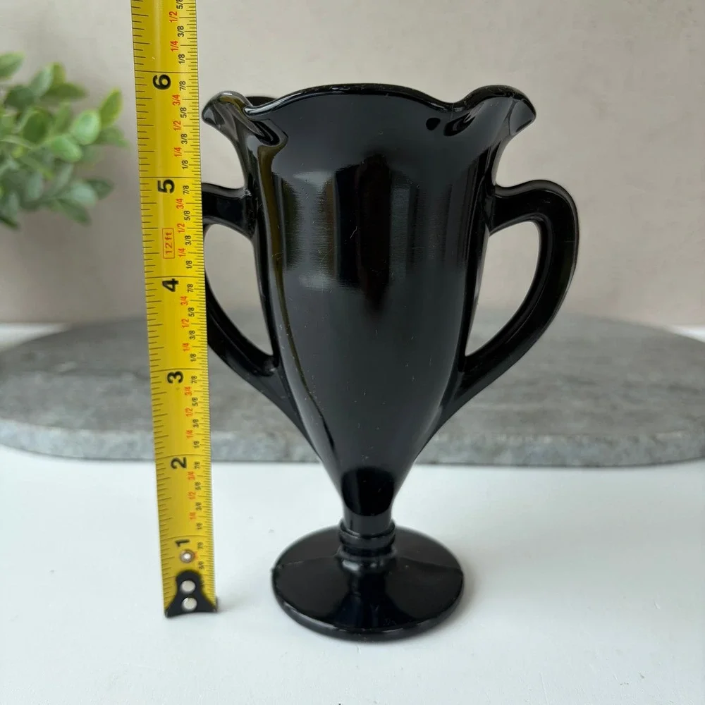 Vintage Black Amethyst Glass Trophy Vase Double Handled Ruffled Pedestal Urn 6in